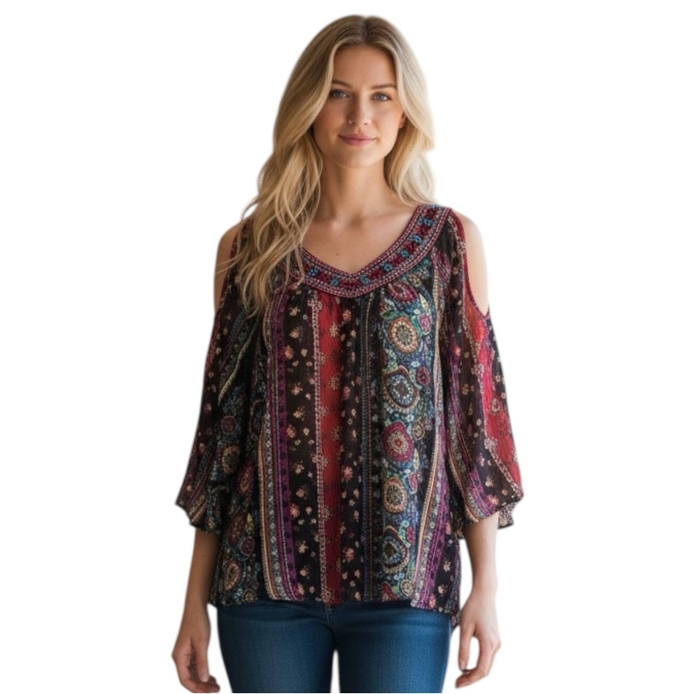 No Boundaries Cold Shoulder Peasant Top, Black/Pink/Blue, Size Medium